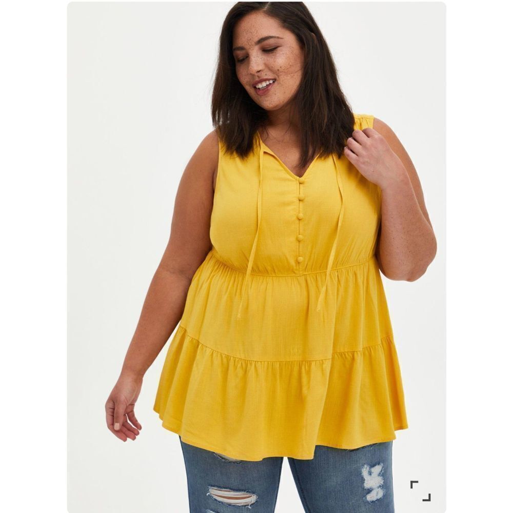 Torrid Women's Rayon Slub Button-Front Yellow Tiered Tank Sz 1